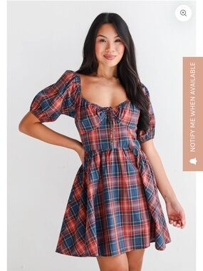 Plaid Puff-Sleeve Mini Dress - Red & Blue